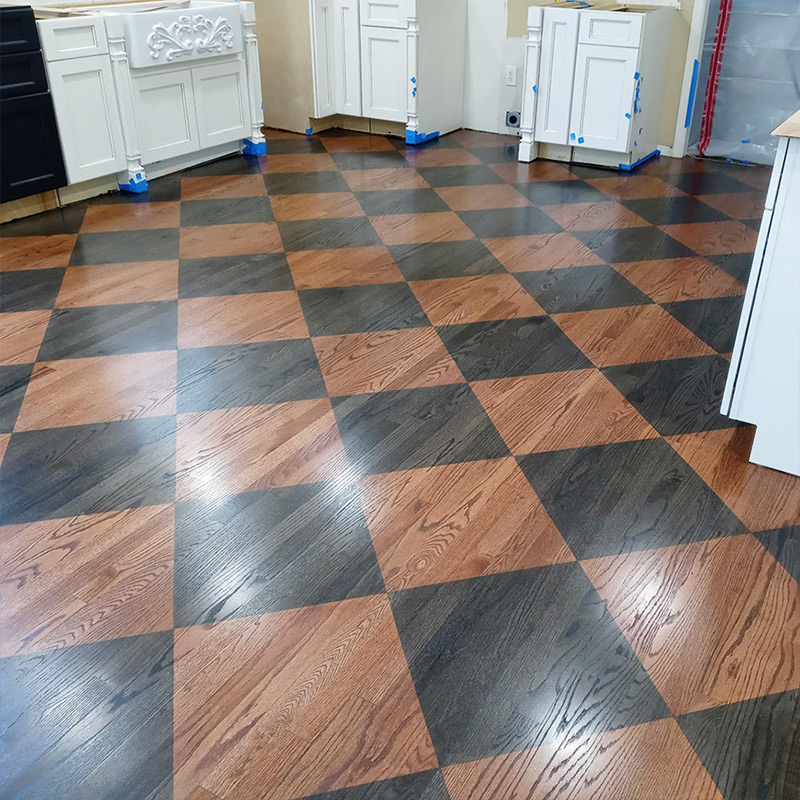 checkered stained wood floor