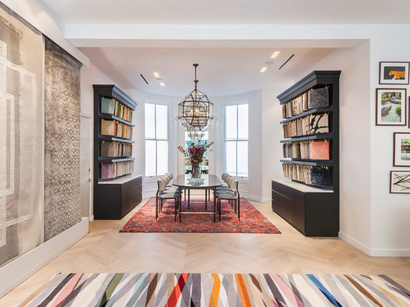 light white herringbone floors showroom