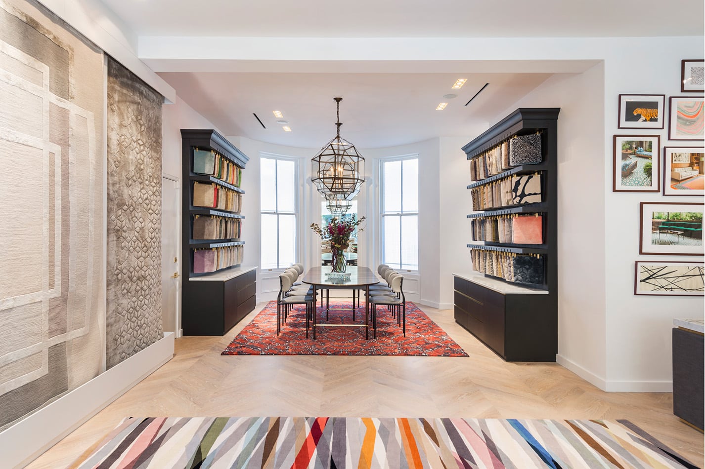 light white herringbone floors showroom